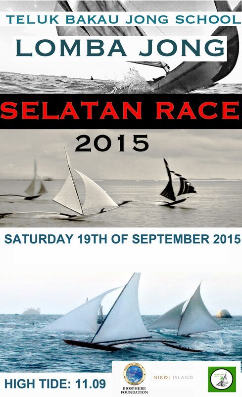 Event poster for the Selatan Race 2015, Teluk Bakau Jong School, Saturday 19 September 2015, high tide 11.09, over black-and-white and color race photos