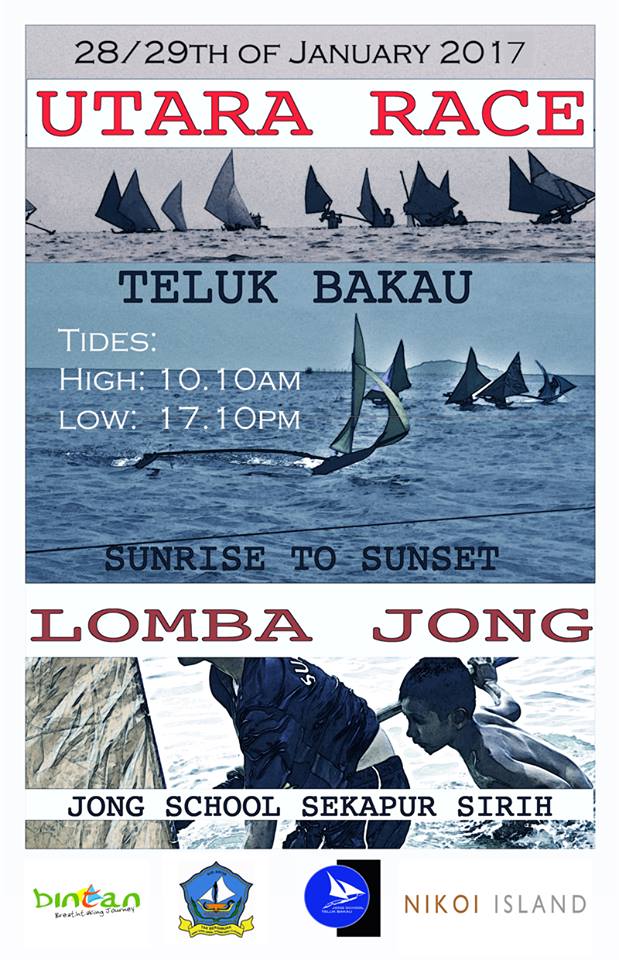 Event poster for the Utara Race, 28-29 January 2017, Teluk Bakau, with tide times over black-and-white and blue-toned photos of racing jongs, sponsor logos including Bintan and Nikoi Island at the bottom