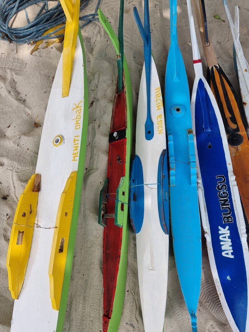 Colorful jong sails on tall poles lined up along the beach
