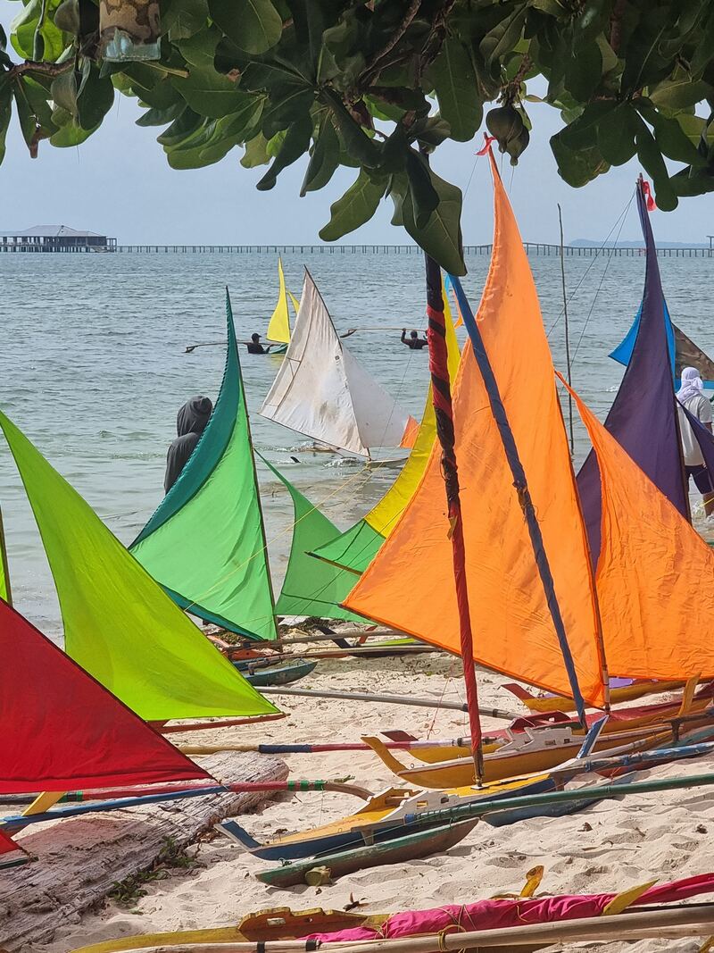 Colorful jongs lined up on the beach for judging or display