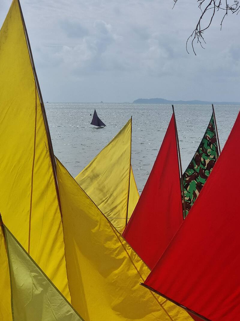Red and yellow jong sails close together on the beach