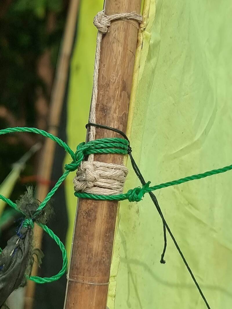A green jong sail spar tied and marked, close up