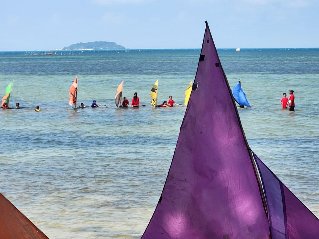 A purple jong sail catching the wind close to the beach