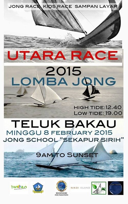 Event poster for the Utara Race 2015, Teluk Bakau, Sunday 8 February 2015, with tide times over black-and-white photos of racing jongs, sponsor logos at the bottom