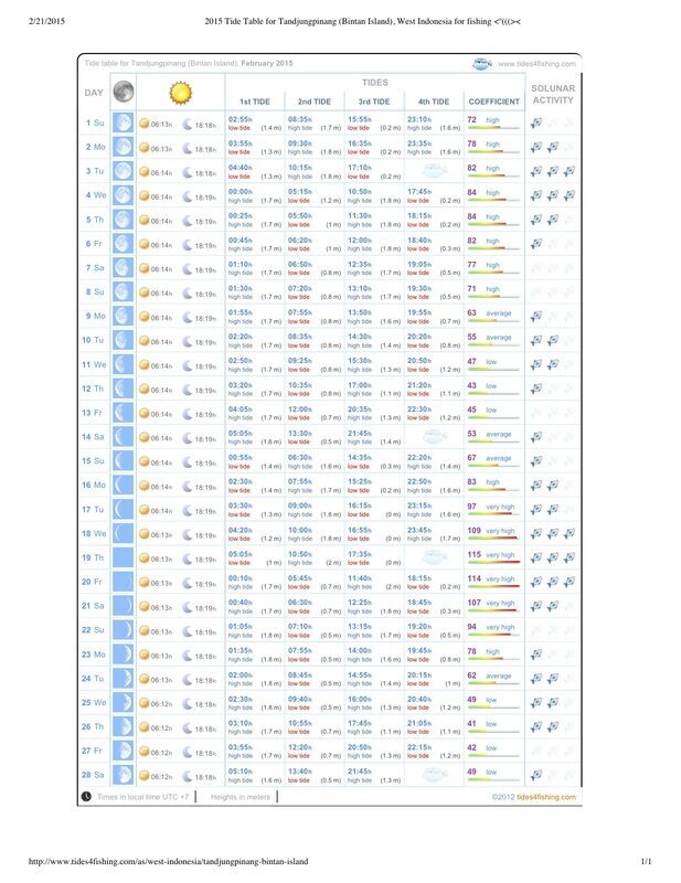 Screenshot of a 2015 tide table for Tandjungpinang, Bintan Island, West Indonesia, listing daily tide times and heights for February