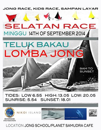 Event poster for the Selatan Race, Teluk Bakau, Sunday 14 September 2014, with tide times over colorful sail flags and a race photo