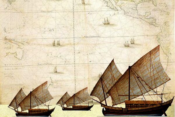 Antique illustration of Malay sailing jongs under full sail, layered over an old nautical chart of the Indian Ocean