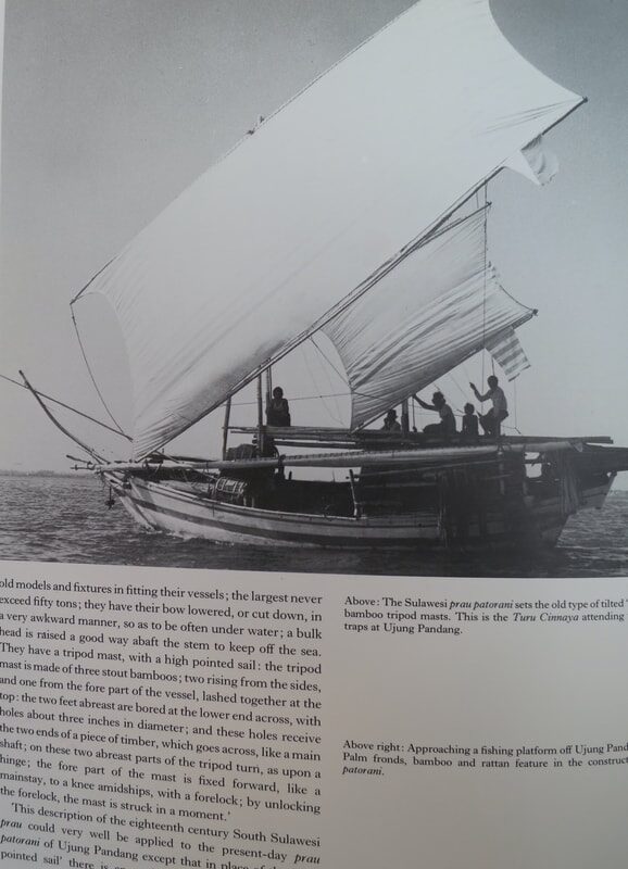 Book scan showing the Sulawesi prau patorani under its tripod bamboo mast, with text describing the boat's construction and fish-trap work off Ujung Pandang