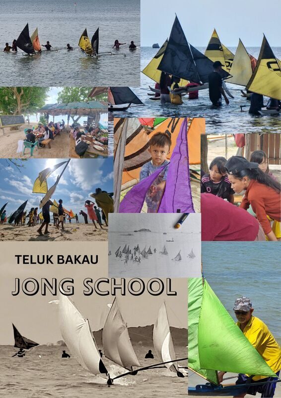 A photo collage titled 'Teluk Bakau, Jong School' — kids in the water with jongs, a beachside classroom, a race sketch, and portraits from a season of sessions