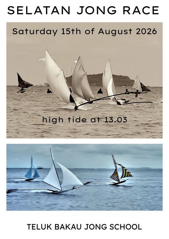 Event poster for the Selatan Jong Race, Saturday 15 August 2026, high tide at 13.03, over sepia and blue race photos