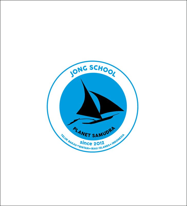 The Jong School logo: a black jong silhouette inside a blue circle reading 'Jong School, Planet Samudra, since 2012, Teluk Bakau, Bintan, Riau Islands, Indonesia'