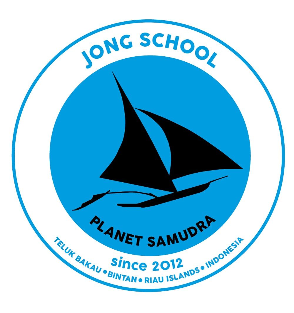 The Jong School logo: a black jong silhouette inside a blue circle reading 'Jong School, Planet Samudra, since 2012, Teluk Bakau, Bintan, Riau Islands, Indonesia'