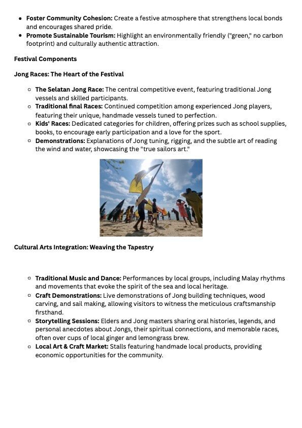 Proposal document page listing festival components under 'Jong Races' and 'Cultural Arts Integration,' with a photo of kids raising colorful sails on the beach