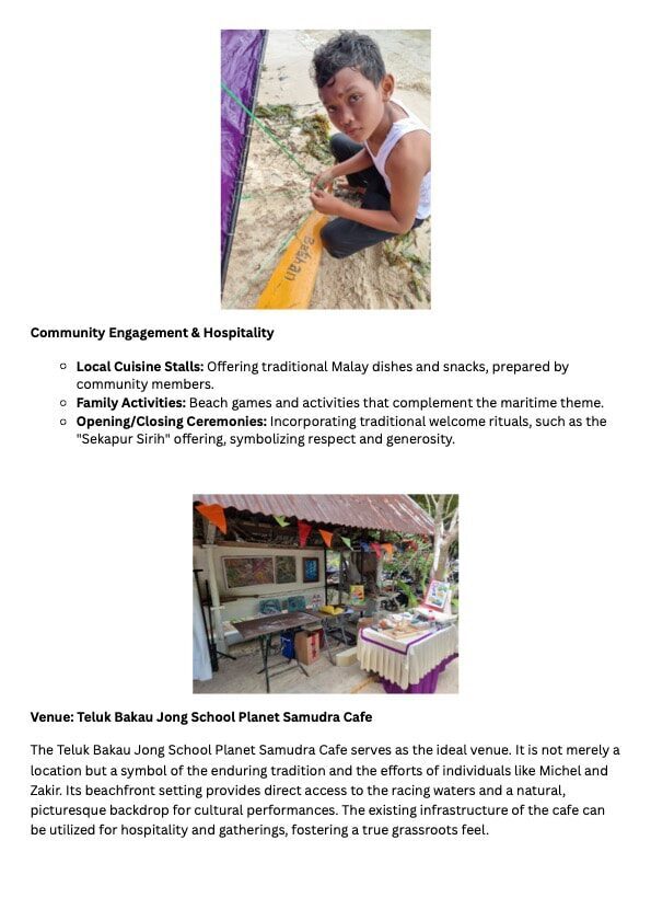 Proposal document page on community engagement and venue, with a photo of a boy tying rigging on a yellow sail and a photo of a decorated market stall setup