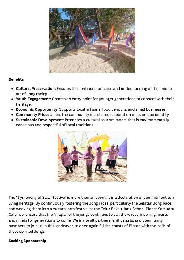 Proposal document page listing festival benefits, with a photo of colorful flags staked in the sand under trees and a photo of children in pink traditional dress on the beach