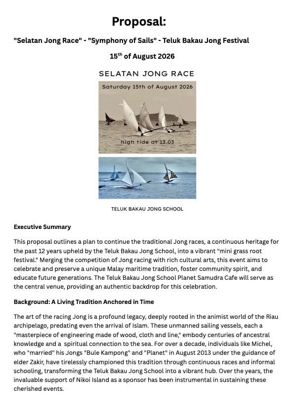 Proposal document page titled 'Selatan Jong Race — Symphony of Sails — Teluk Bakau Jong Festival, 15th of August 2026,' with the event poster and an executive summary of the festival plan