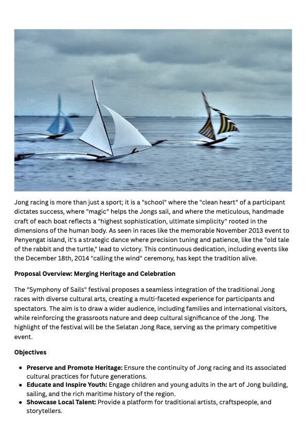 Proposal document page with a photo of jongs racing under grey skies, followed by text on Jong racing's history and the festival's objectives