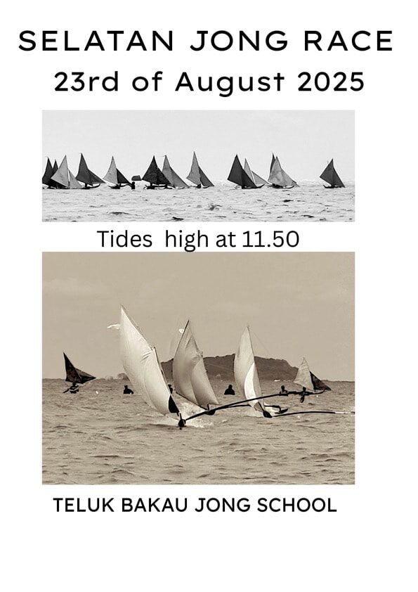 Event poster for the Selatan Jong Race, 23 August 2025, tides high at 11.50, over black-and-white and sepia race photos