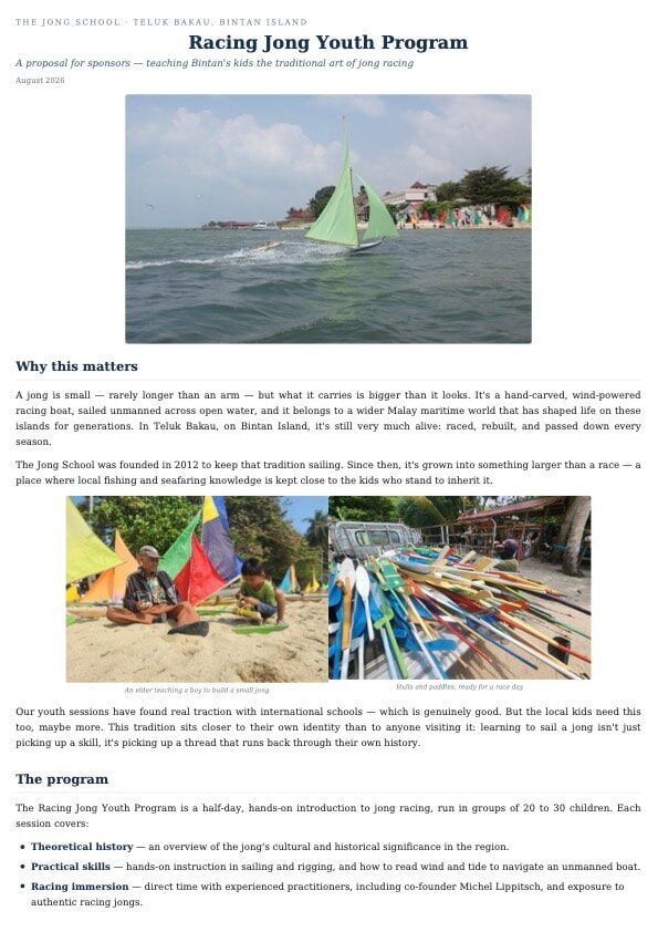 Sponsor proposal page for the 'Racing Jong Youth Program,' with a photo of a green-sailed jong racing along the shore and photos of an elder teaching a boy to build a jong and hulls ready for race day