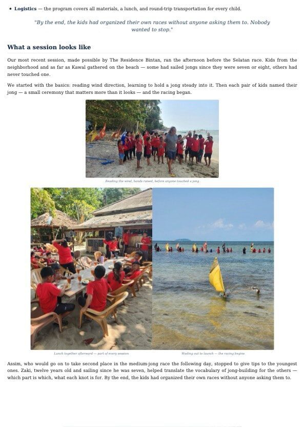 Sponsor proposal page describing a youth program session, with photos of kids in red shirts reading the wind on the beach, having lunch together, and wading out with a yellow sail to launch