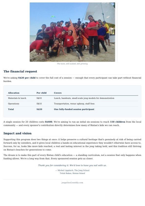 Sponsor proposal page with a group photo of the soaked, grinning youth team, followed by the S$20-per-child financial breakdown table and closing note from Michel Lippitsch