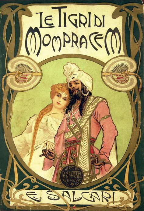 Vintage cover of the Italian novel 'Le Tigri di Mompracem' by Emilio Salgari