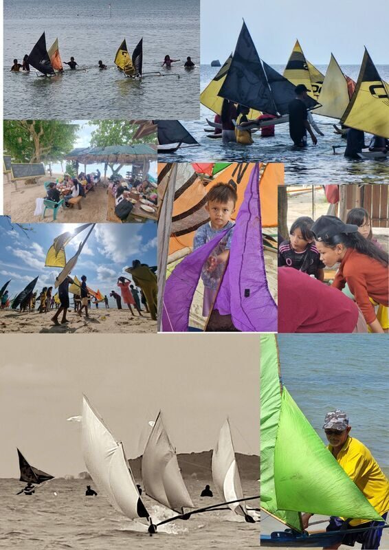 Photo collage of Jong School scenes: kids wading jongs into the water, a boy holding a purple sail, a beachside lesson under a shelter, and a sepia race photo