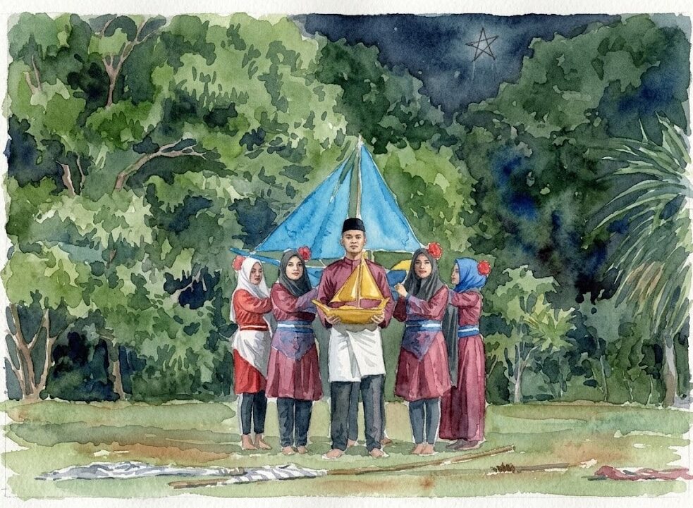 Watercolor painting of a family in traditional Malay dress holding a golden model jong under a starry night sky, framed by trees