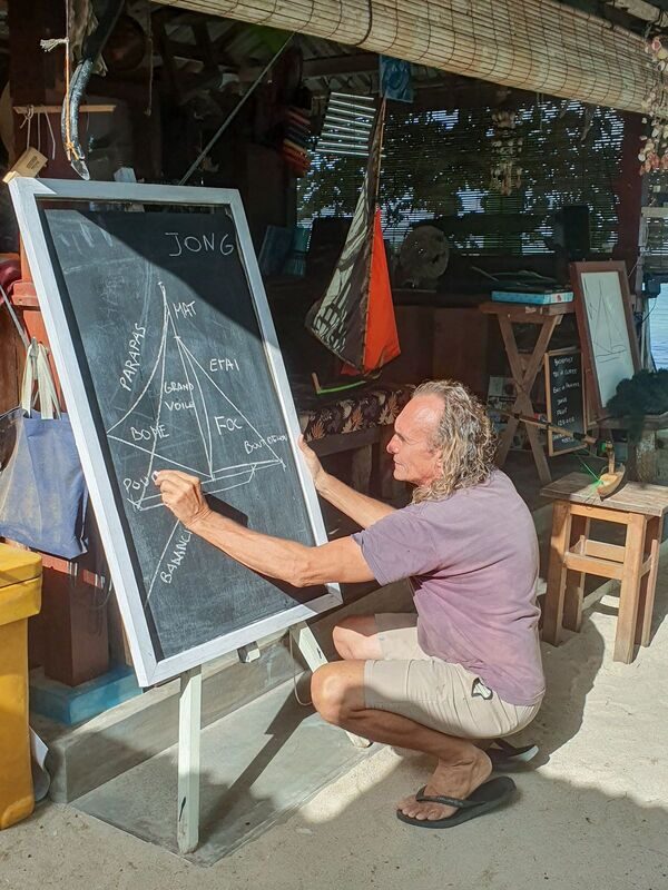 Michel drawing a diagram of a jong's sail and rigging parts on a chalkboard